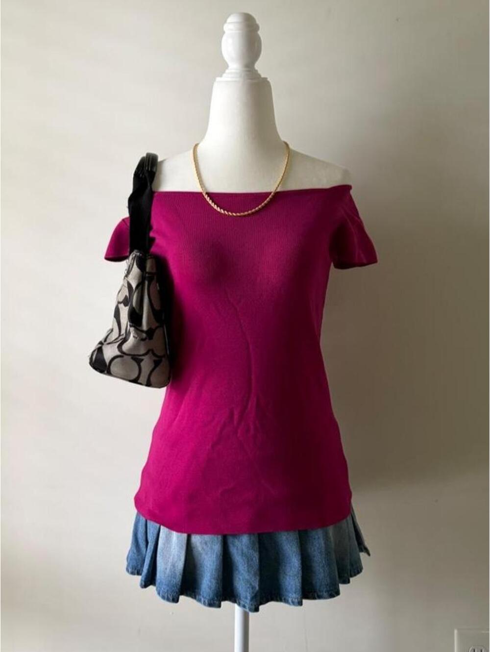 Y2K Alex Marie Hot Pink Off Shoulder Knit Top | Barbiecore Fitted Short Sleeve